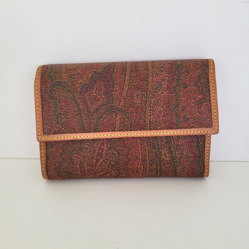 Etro Paisley Canvas Leather Trifold Wallet Brown Multicolor Made‎ in Italy 1997